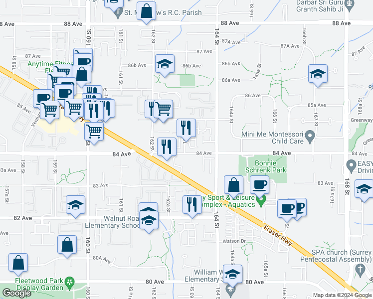 map of restaurants, bars, coffee shops, grocery stores, and more near 8418 163 Street in Surrey