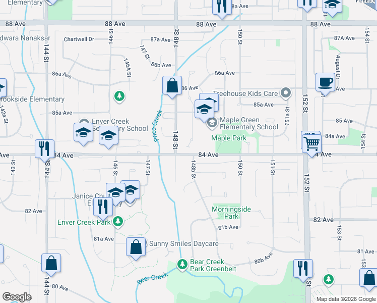 map of restaurants, bars, coffee shops, grocery stores, and more near 14843 84 Avenue in Surrey