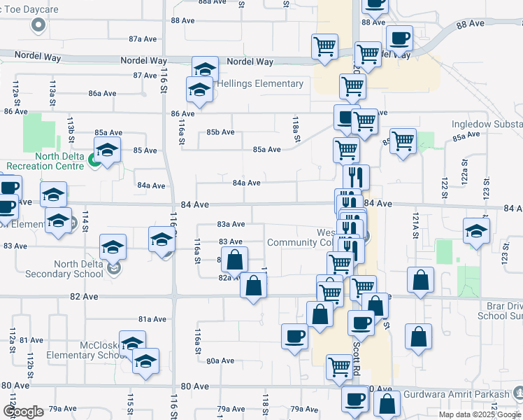 map of restaurants, bars, coffee shops, grocery stores, and more near 11796 84 Avenue in Delta