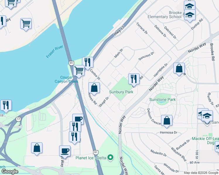 map of restaurants, bars, coffee shops, grocery stores, and more near 8376 Centre Street in Delta