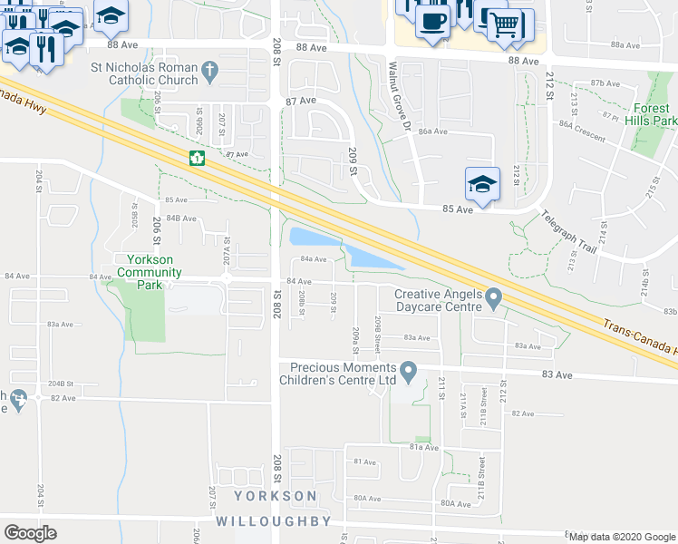 map of restaurants, bars, coffee shops, grocery stores, and more near 8418 209 Street in Langley City