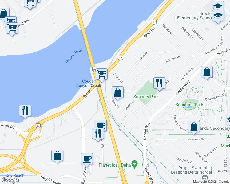map of restaurants, bars, coffee shops, grocery stores, and more near 10244 Main Street in Delta
