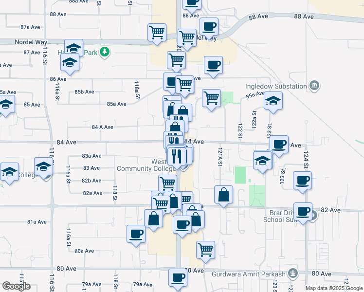map of restaurants, bars, coffee shops, grocery stores, and more near 8375 Scott Road in Delta