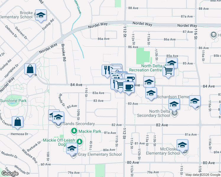 map of restaurants, bars, coffee shops, grocery stores, and more near 11120 84 Avenue in Delta