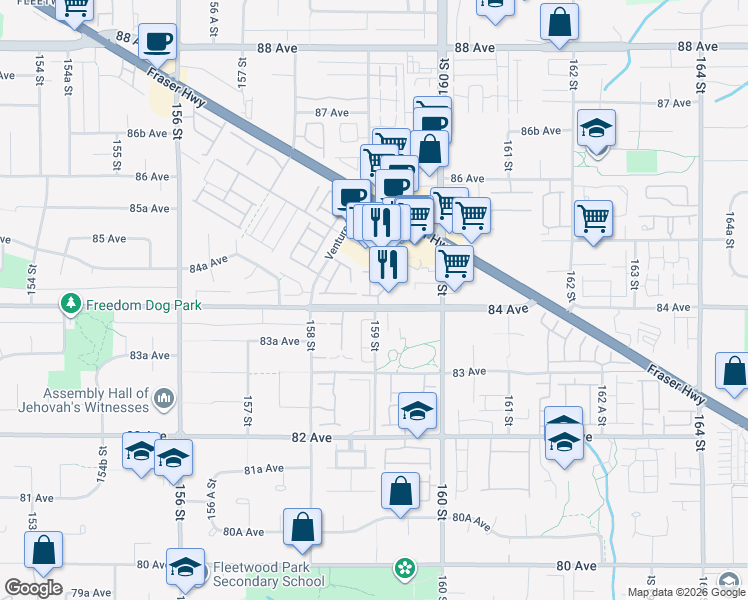 map of restaurants, bars, coffee shops, grocery stores, and more near 15875 84 Avenue in Surrey