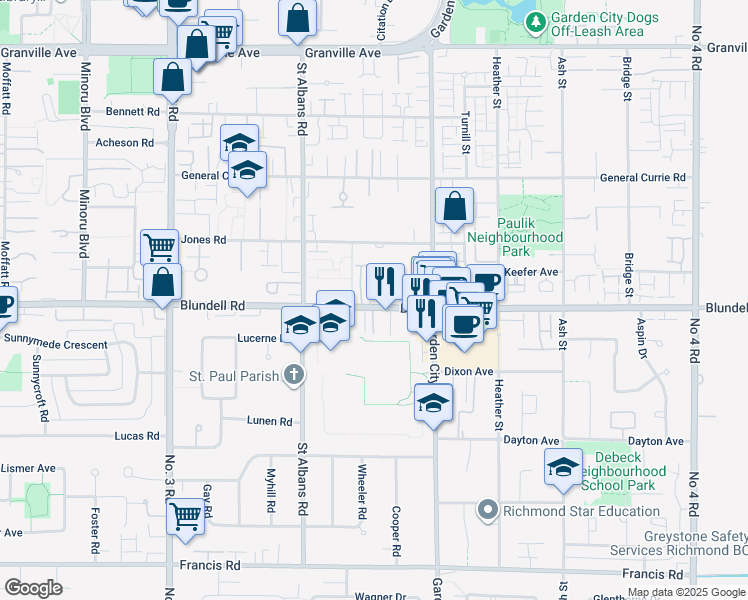 map of restaurants, bars, coffee shops, grocery stores, and more near 8651 Blundell Road in Richmond