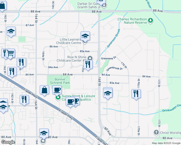 map of restaurants, bars, coffee shops, grocery stores, and more near 16753 84 Avenue in Surrey
