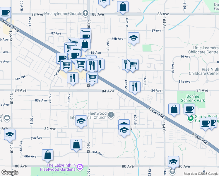 map of restaurants, bars, coffee shops, grocery stores, and more near in Surrey