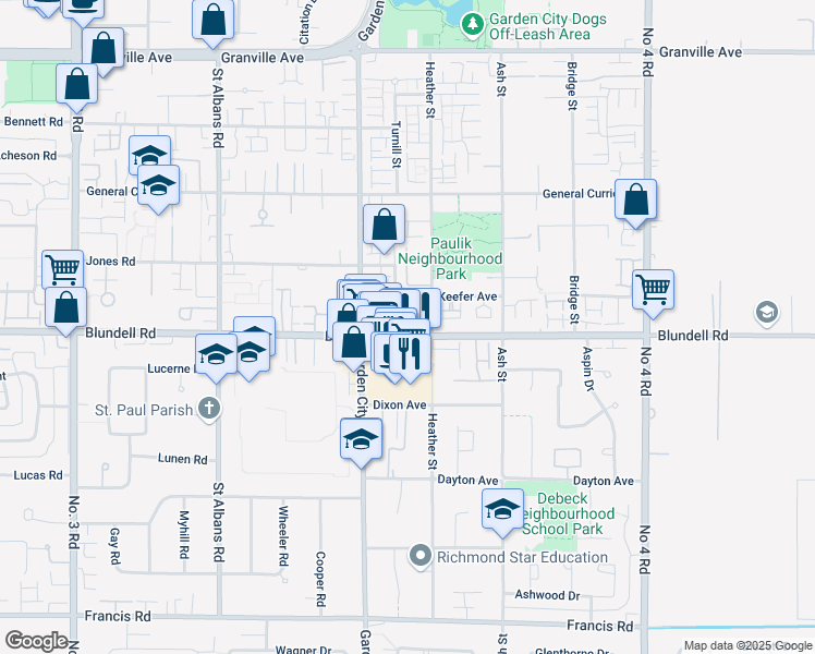 map of restaurants, bars, coffee shops, grocery stores, and more near 7833 Heather Street in Richmond