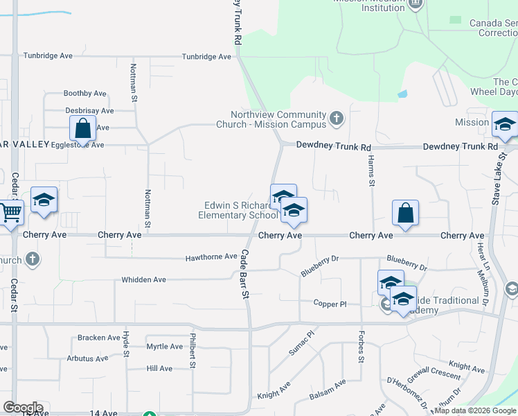map of restaurants, bars, coffee shops, grocery stores, and more near 8455 Cade Barr Street in Mission