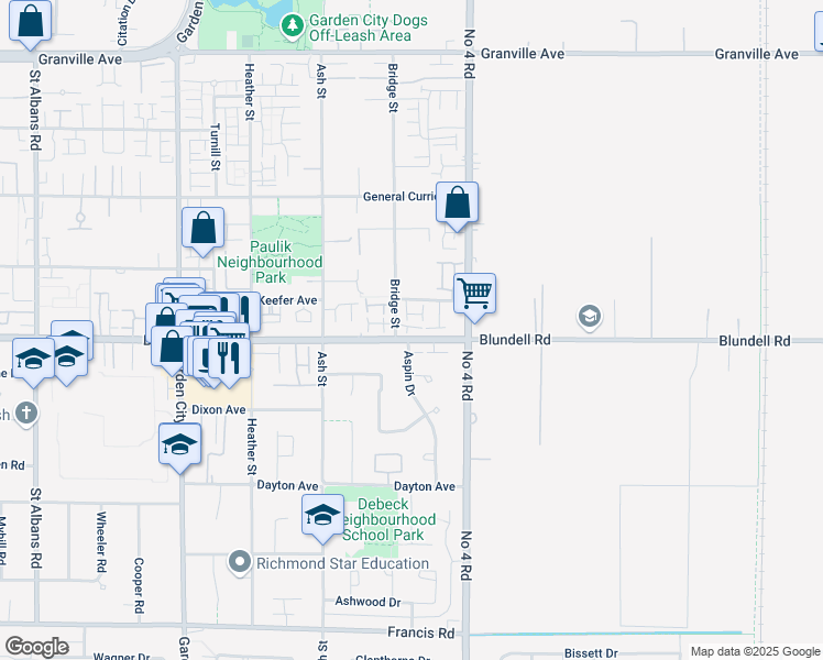 map of restaurants, bars, coffee shops, grocery stores, and more near 7780 Bridge Street in Richmond