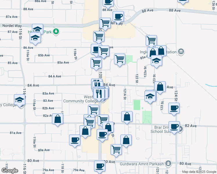 map of restaurants, bars, coffee shops, grocery stores, and more near 12046 84 Avenue in Surrey
