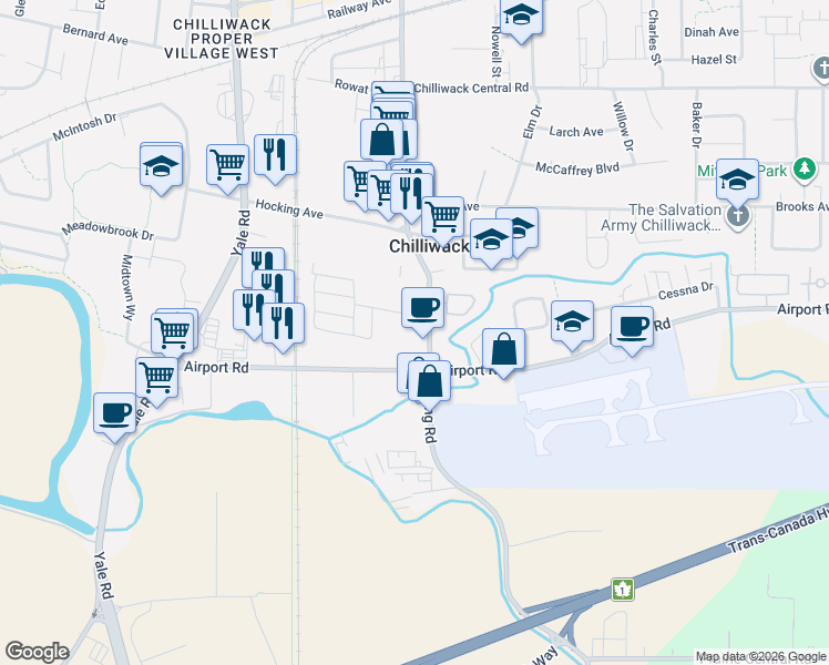 map of restaurants, bars, coffee shops, grocery stores, and more near 8497 Young Road in Chilliwack