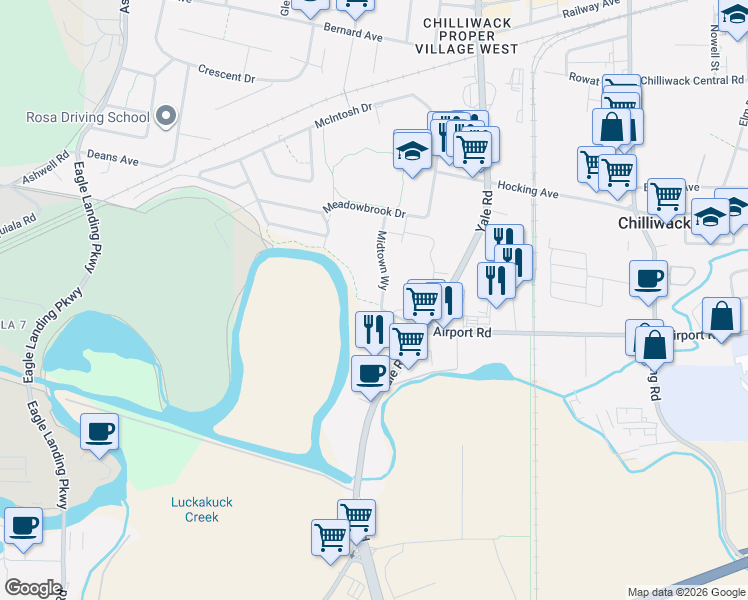 map of restaurants, bars, coffee shops, grocery stores, and more near 8413 Midtown Way in Chilliwack