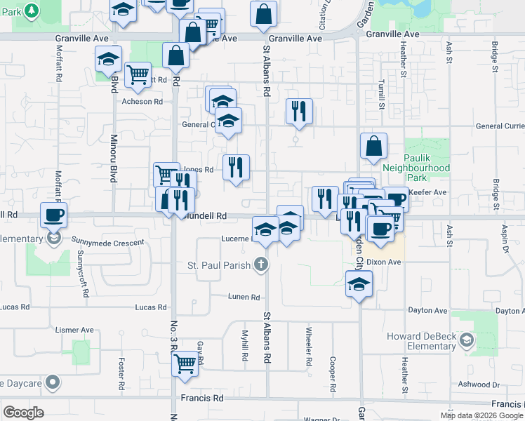 map of restaurants, bars, coffee shops, grocery stores, and more near 7833 Saint Albans Road in Richmond