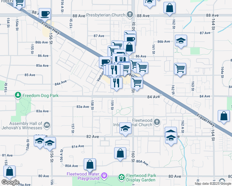 map of restaurants, bars, coffee shops, grocery stores, and more near in Surrey