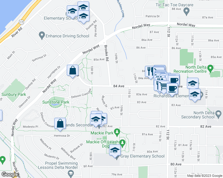 map of restaurants, bars, coffee shops, grocery stores, and more near 10902 84 Avenue in Delta