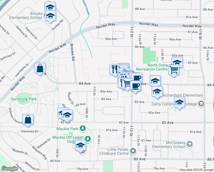 map of restaurants, bars, coffee shops, grocery stores, and more near 11076 84 Avenue in Delta