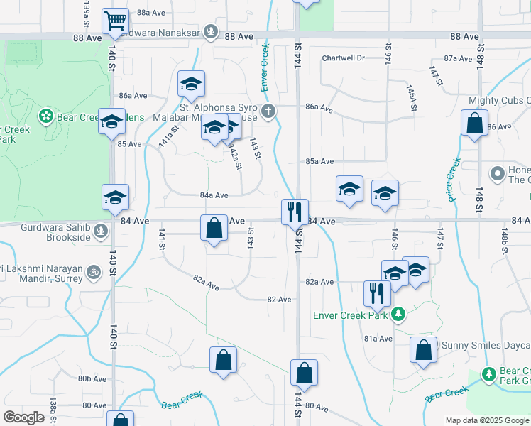 map of restaurants, bars, coffee shops, grocery stores, and more near 14333 84 Avenue in Surrey