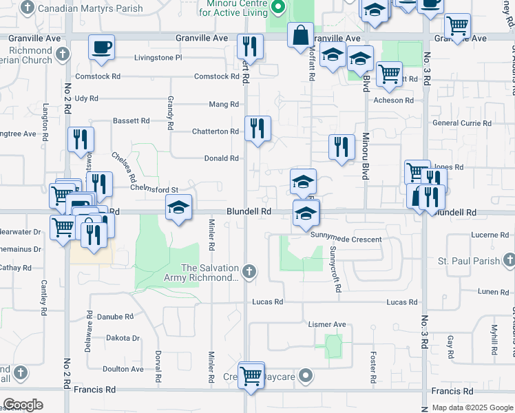 map of restaurants, bars, coffee shops, grocery stores, and more near 7011 Blundell Road in Richmond