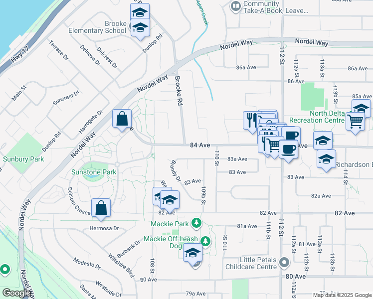 map of restaurants, bars, coffee shops, grocery stores, and more near 10902 84 Avenue in Delta