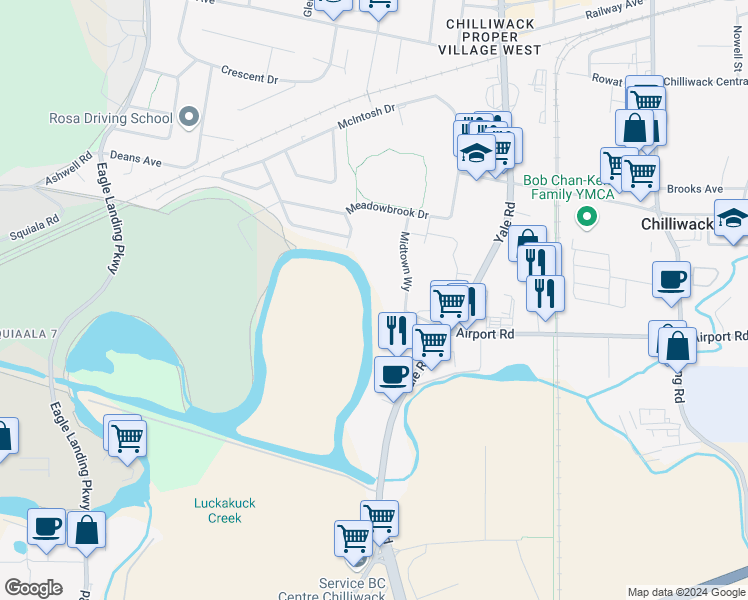 map of restaurants, bars, coffee shops, grocery stores, and more near 45519 McCutcheon Avenue in Chilliwack