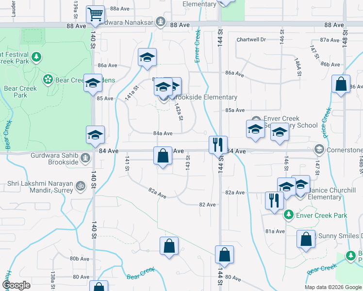 map of restaurants, bars, coffee shops, grocery stores, and more near 14279 84 Avenue in Surrey