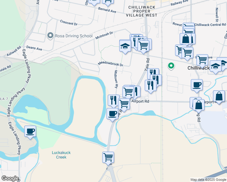 map of restaurants, bars, coffee shops, grocery stores, and more near 8413 Midtown Way in Chilliwack