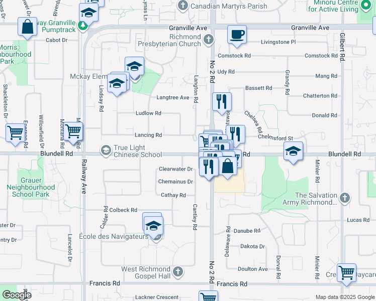 map of restaurants, bars, coffee shops, grocery stores, and more near 5631 Blundell Road in Richmond
