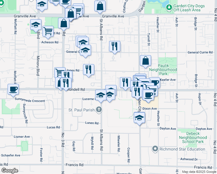 map of restaurants, bars, coffee shops, grocery stores, and more near 8491 Blundell Road in Richmond