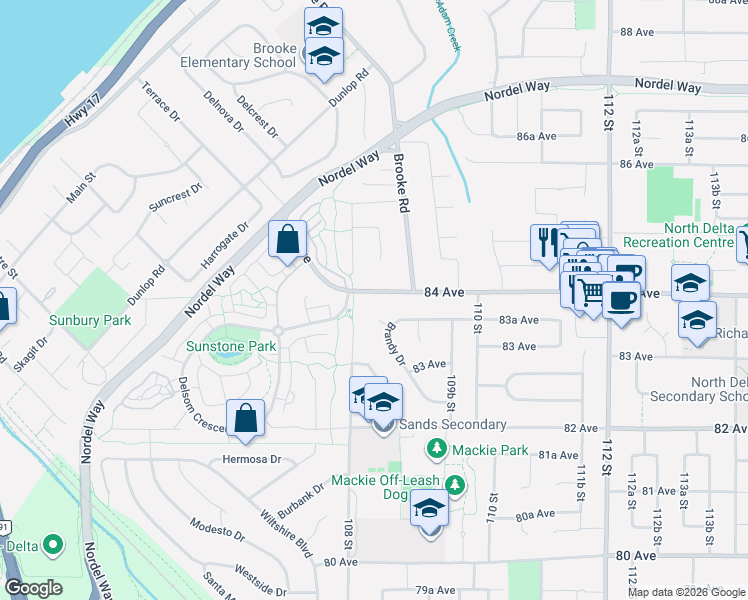map of restaurants, bars, coffee shops, grocery stores, and more near 10834 84 Avenue in Delta