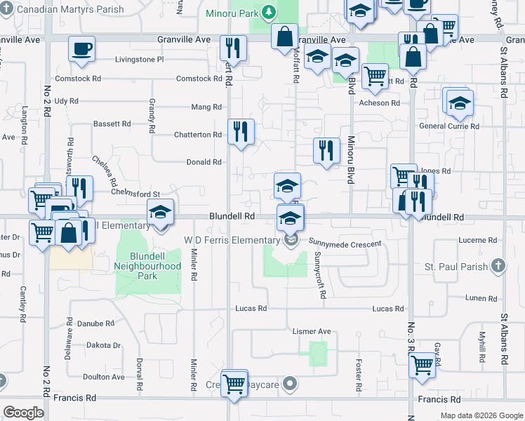 map of restaurants, bars, coffee shops, grocery stores, and more near 7091 Blundell Road in Richmond