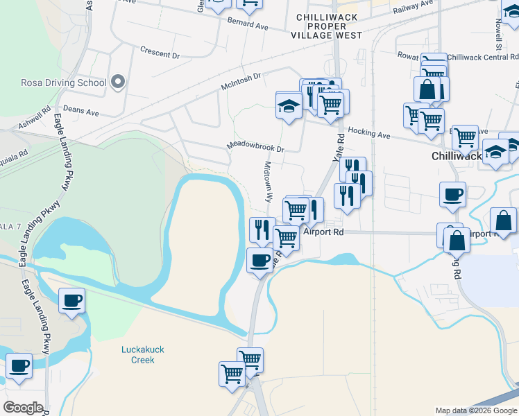 map of restaurants, bars, coffee shops, grocery stores, and more near 8413 Midtown Way in Chilliwack