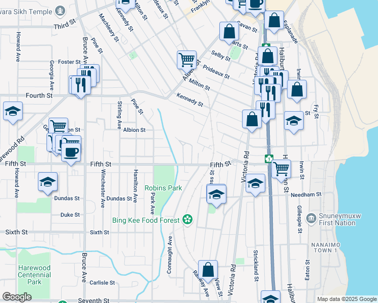 map of restaurants, bars, coffee shops, grocery stores, and more near 80 Fifth Street in Nanaimo