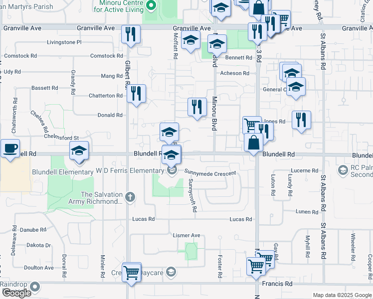 map of restaurants, bars, coffee shops, grocery stores, and more near 7840 Moffatt Road in Richmond