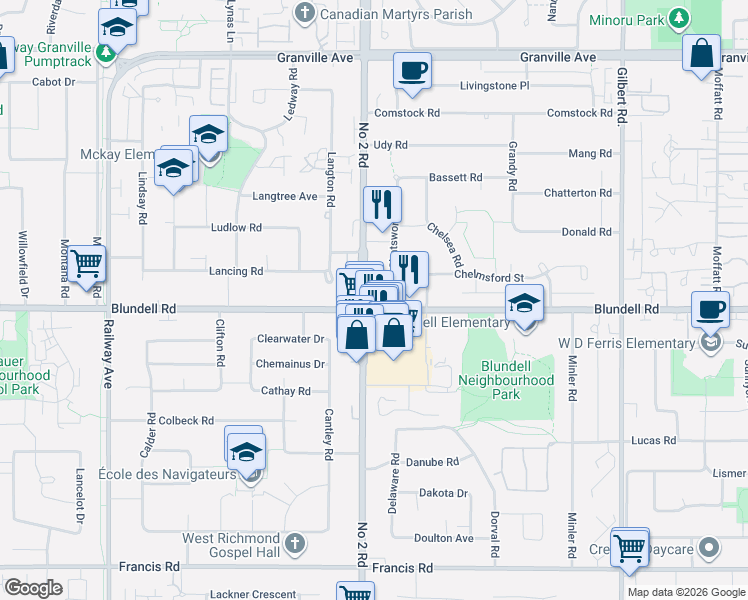 map of restaurants, bars, coffee shops, grocery stores, and more near 6031 Blundell Road in Richmond