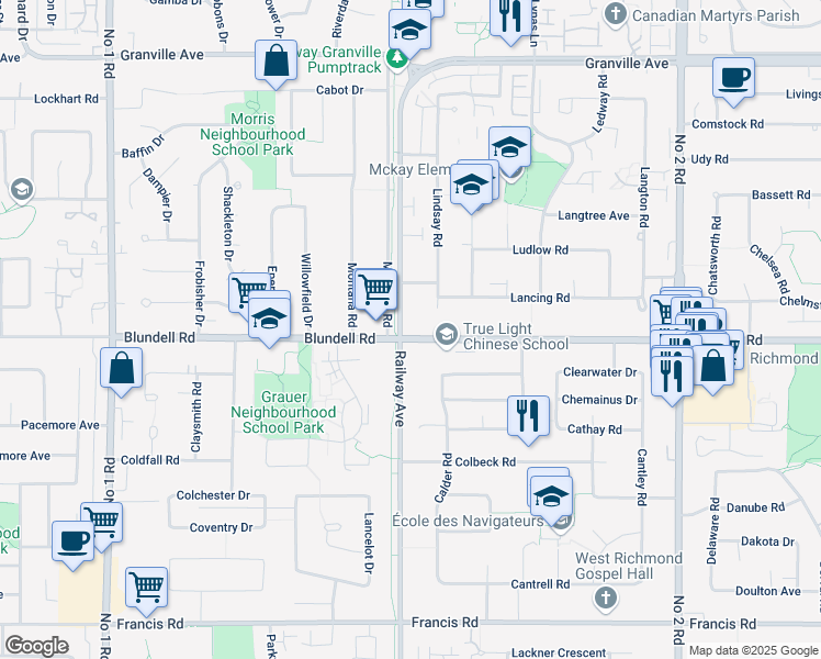 map of restaurants, bars, coffee shops, grocery stores, and more near 5031 Blundell Road in Richmond