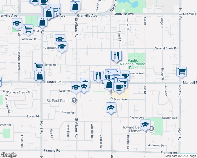 map of restaurants, bars, coffee shops, grocery stores, and more near 7831 Garden City Road in Richmond