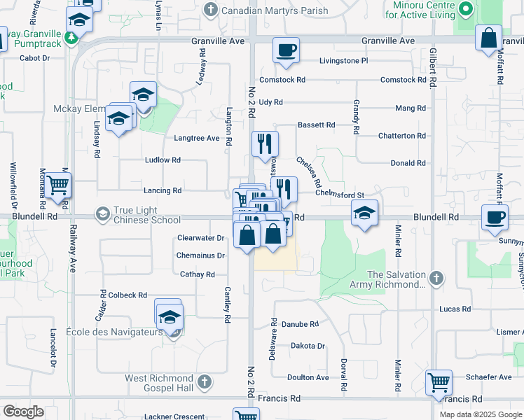 map of restaurants, bars, coffee shops, grocery stores, and more near 7660 Number 2 Road in Richmond