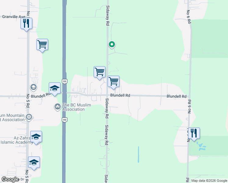 map of restaurants, bars, coffee shops, grocery stores, and more near 13051 Blundell Road in Richmond