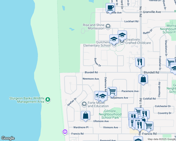map of restaurants, bars, coffee shops, grocery stores, and more near 3111 Blundell Road in Richmond