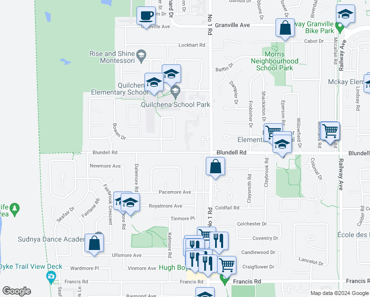 map of restaurants, bars, coffee shops, grocery stores, and more near 3851 Blundell Road in Richmond