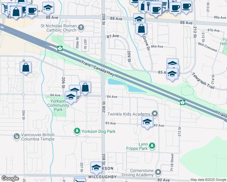 map of restaurants, bars, coffee shops, grocery stores, and more near 20850 84A Avenue in Langley Township