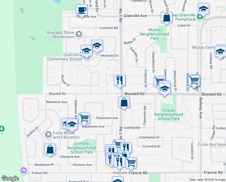 map of restaurants, bars, coffee shops, grocery stores, and more near 7891 Number 1 Road in Richmond