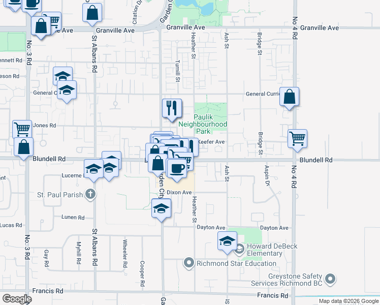 map of restaurants, bars, coffee shops, grocery stores, and more near 7833 Heather Street in Richmond