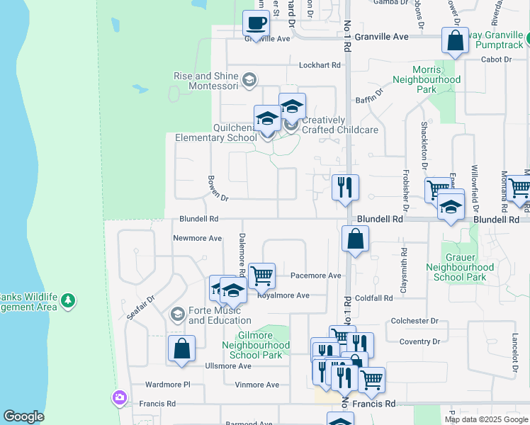 map of restaurants, bars, coffee shops, grocery stores, and more near 3471 Blundell Road in Richmond