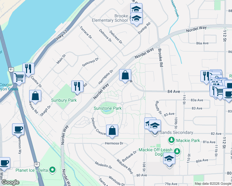 map of restaurants, bars, coffee shops, grocery stores, and more near 8355 Delsom Way in Delta