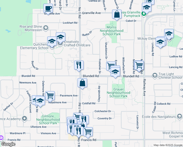 map of restaurants, bars, coffee shops, grocery stores, and more near 4131 Blundell Road in Richmond