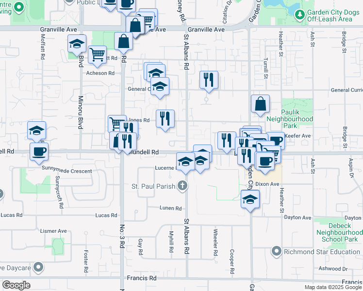 map of restaurants, bars, coffee shops, grocery stores, and more near 7833 Saint Albans Road in Richmond
