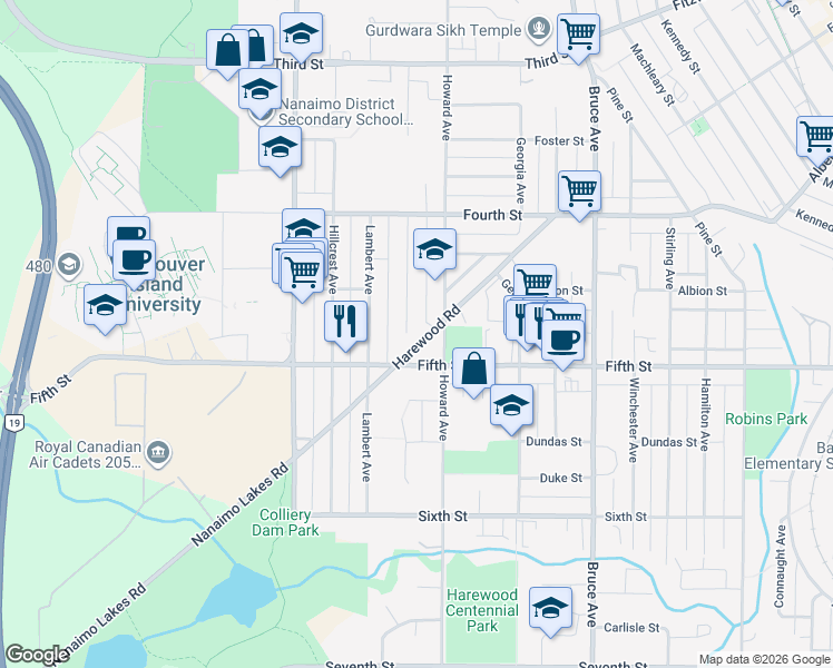 map of restaurants, bars, coffee shops, grocery stores, and more near 455 Watfield Avenue in Nanaimo